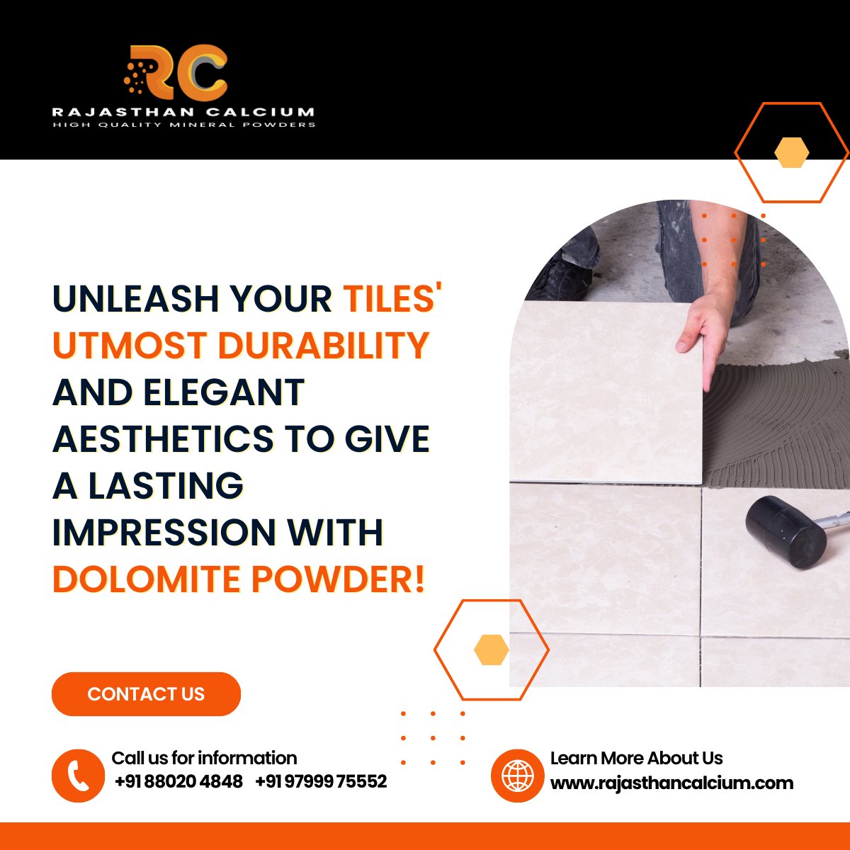 RajasthnCalcium's tweet photo. Leverage the endless potential of Dolomite Powder from Rajasthan Calcium to strengthen your tiles and last a lifetime with stunning beauty.

#Rajasthancalcium #DolomitePowder #Durability #Aesthetics https://t.co/Xs5hTRNkRb
