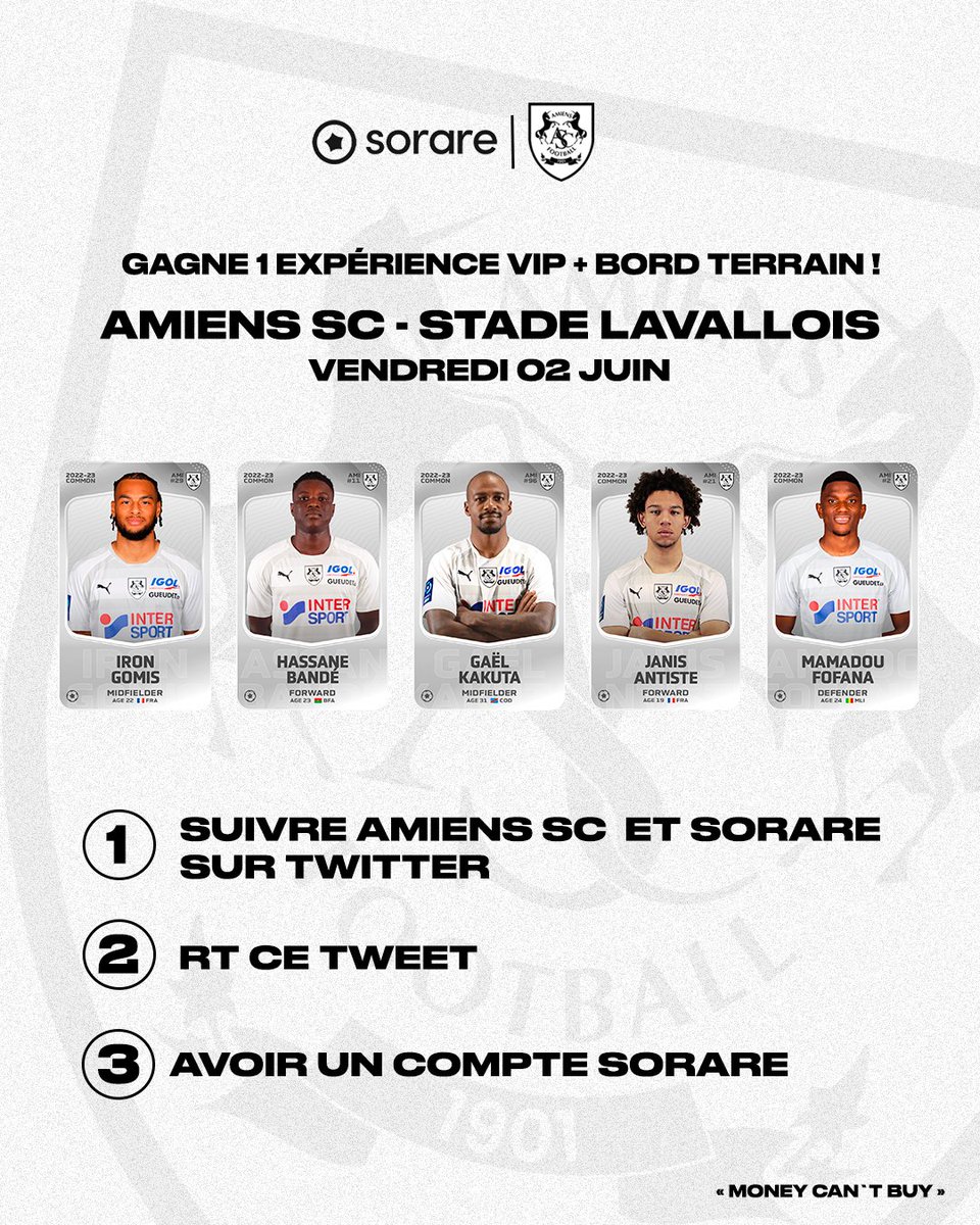 𝙅𝙀𝙐 𝘾𝙊𝙉𝘾𝙊𝙐𝙍𝙎 <a href="/Sorare/">Sorare</a> ✨

Descente en bord pelouse à l'échauffement, prestation VIP sur toute la rencontre #ASCLAVAL : 

1️⃣Follow <a href="/AmiensSC/">Amiens SC</a> &amp; <a href="/Sorare/">Sorare</a> 
2️⃣RT ce tweet
3️⃣Avoir un compte SORARE  

🎟️x6️⃣ places à gagner🔥
🍀Tirage au sort le 01 juin   

 #OwnYourGame