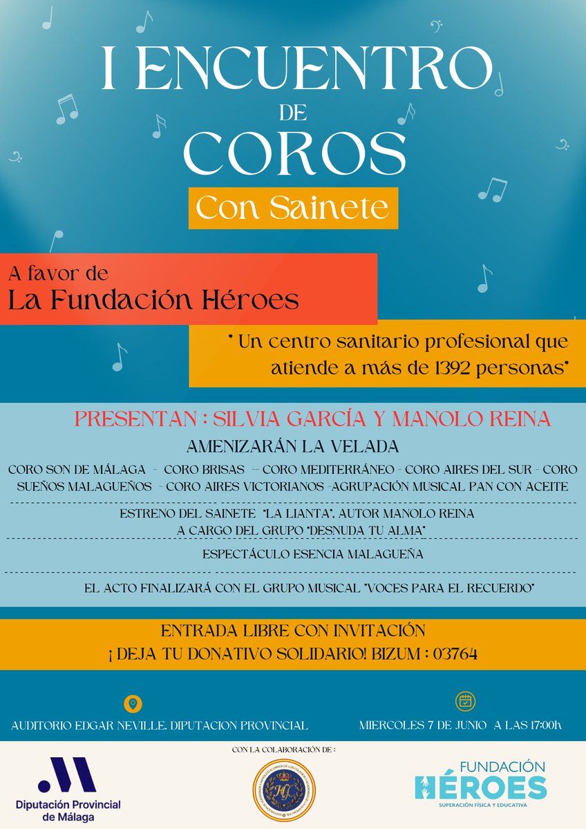 El 7 de junio a las 17:00 tendrá lugar en el Auditorio Edgar Neville el I Encuentro de Coros con Sainete.
Este evento estará dirigido a apoyar a los 1392 Héroes que atendemos en la Fundación cada día. 
ENTRADA LIBRE CON INVITACIÓN  ¡ DEJA TU DONATIVO SOLIDARIO! BIZUM : 03764