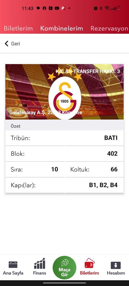 Galatasaray - Fenerbahçe maçına Batı-Üst 402 den 1 adet biletim vardır. Yüzyüze devir verilecektir.
#GsvFb #biletdevir #biletdevret #biletvar #biletarıyorum #kombinedevir #kombinebilet