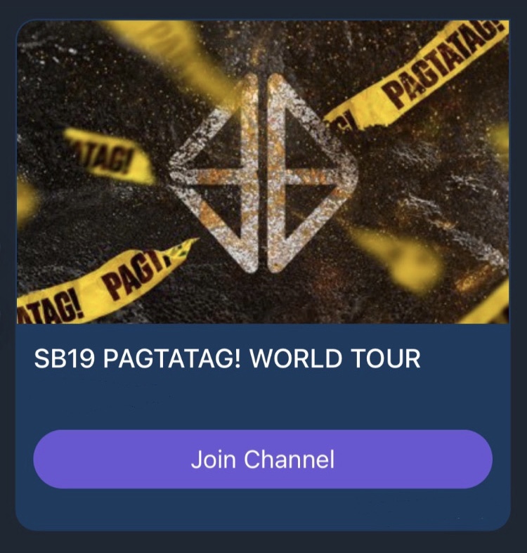 ⚠️ PAGTATAG! World Tour

Stay updated by joining our channels:
• Telegram - t.me/+cDGMeWvH-MAzZ…
• Viber - invite.viber.com/?g2=AQAdhybDwL…

We can’t wait to see you all soon!

#SB19 #PAGTATAG #SB19PAGTATAG #PAGTATAGWorldTour