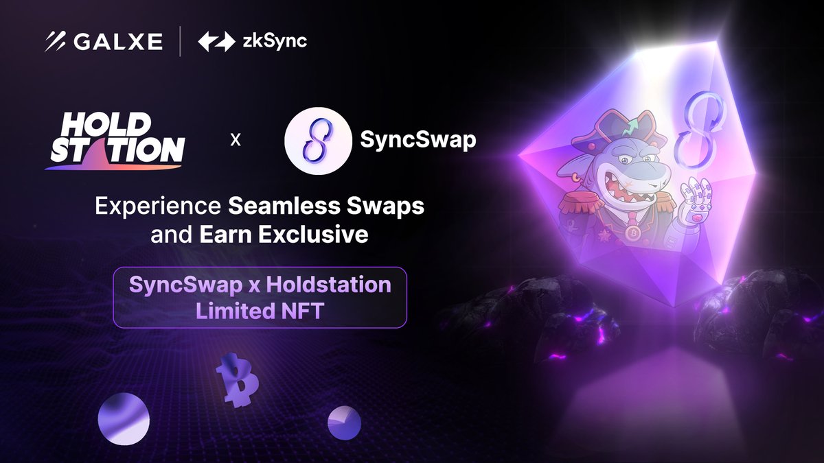 SyncSwap (((+))) (@syncswap) on Twitter photo Experience Seamless Swaps and Earn Exclusive Benefits on #zkSyncEra with @SyncSwap x <a href="/HoldstationW/">Holdstation - The DeFAI Smart Wallet</a> NFT 🥳
To get the #NFT:
- Follow <a href="/syncswap/">SyncSwap (((+)))</a> & <a href="/HoldstationW/">Holdstation - The DeFAI Smart Wallet</a>
- Like and retweet
- Download and make a swap on Holdstation
Complete all tasks on <a href="/Galxe/">Galxe</a> 👇
galxe.com/SyncSwap/campa… Experience Seamless Swaps and Earn Exclusive Benefits on #zkSyncEra with @SyncSwap x <a href="/HoldstationW/">Holdstation - The DeFAI Smart Wallet</a> NFT 🥳
To get the #NFT:
- Follow <a href="/syncswap/">SyncSwap (((+)))</a> & <a href="/HoldstationW/">Holdstation - The DeFAI Smart Wallet</a>
- Like and retweet
- Download and make a swap on Holdstation
Complete all tasks on <a href="/Galxe/">Galxe</a> 👇
galxe.com/SyncSwap/campa…
