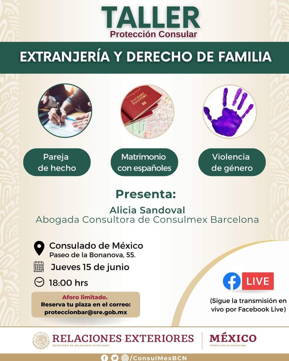 ConsulMexBCN's tweet image. 📢 Ven al Taller de #Extranjería y Derecho de Familia

🗓️ Jueves 15 de junio
⏰  18:00 horas
📍 Paseo de la Bonanova, 55. Barcelona

📝 Entrada libre con aforo limitado. Reserva con anticipación en: proteccionbar@sre.gob.mx 

#ProtecciónConsular 🇲🇽