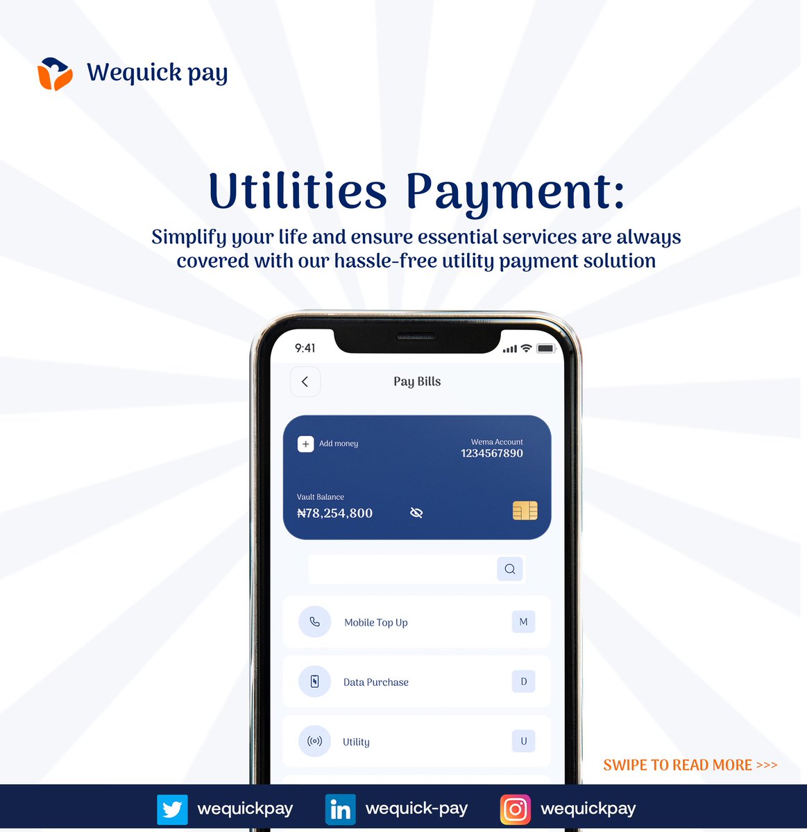 wequickpay's tweet photo. Is it your utility bills that needed attention this time?
Don't hold back, #WeQuickPay has got several incomparable features and services to be enjoyed.
Make sure to stay connected. This banking app has got your back than you could imagine.
#FinTech #ComingSoon #DontMissOut https://t.co/sn2F3OqWCe