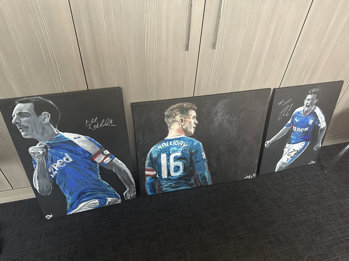 GersGoalieShirt's tweet image. Anyone got any interest in these - original paintings by @ART_BY_DEV and hand signed by the players on the original canvas. Just not got enough room for all my memorabilia. Send me a DM 🔴⚪️🔵 #leewallace #andyhalliday #jasonholt