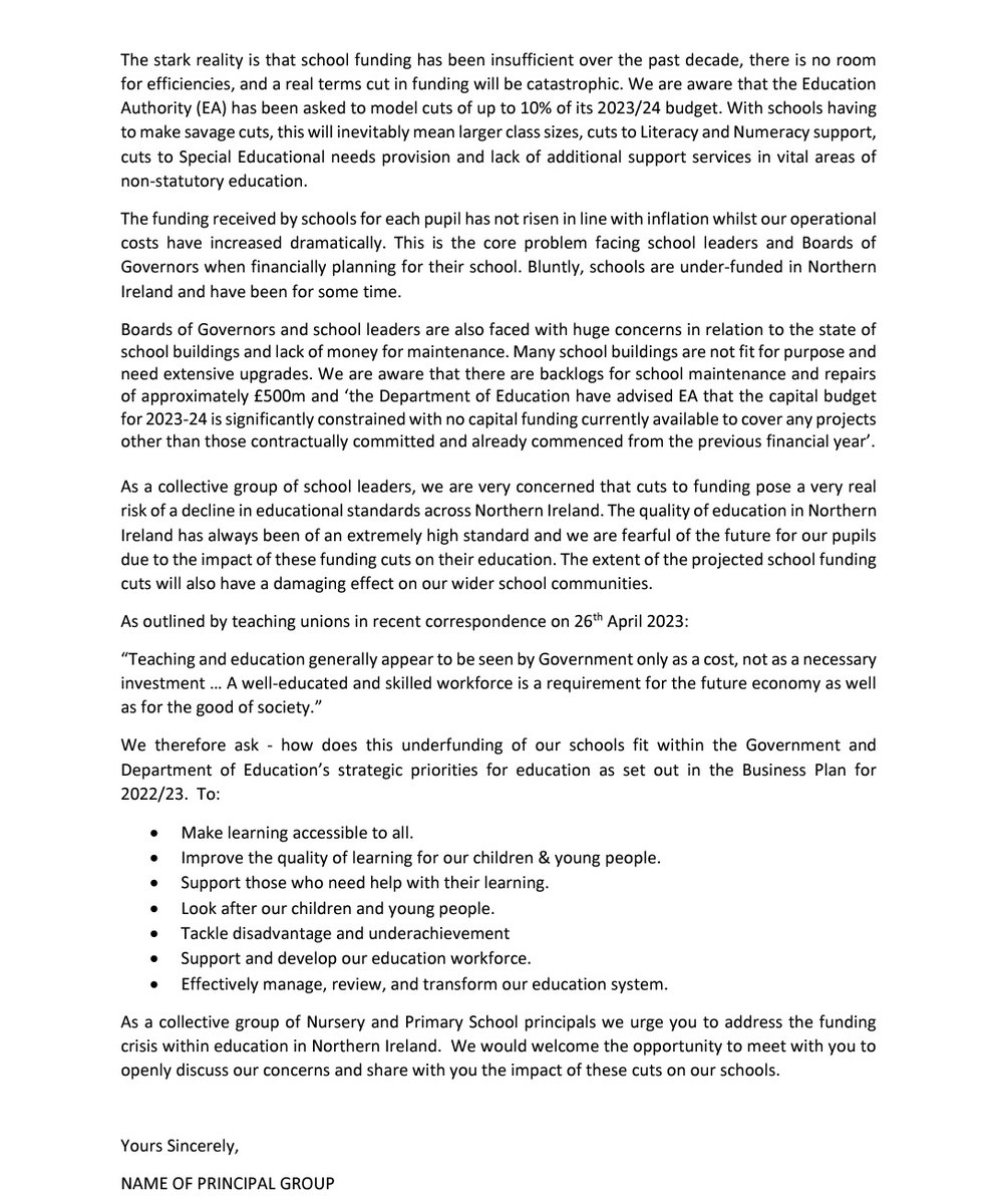 StRonansPS1's tweet photo. This morning @StRonansPS1 joined a number of other principals from Down and Armagh along with other NI Primary Principal Cluster groups and sent this letter to NI SoS @chhcalling about the impact of his imposed school budgets and the associated cuts to education  funding ✂️ https://t.co/wpcFsgoEnd