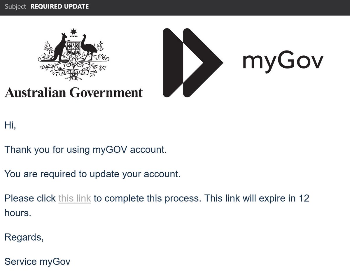 Definitely an email where you DON'T want to click that link, which will take you to anywhere but MyGov 
https : //email. mail1. onesignal. os. tc/....

#Scam #Phishing #IDTheft #Security