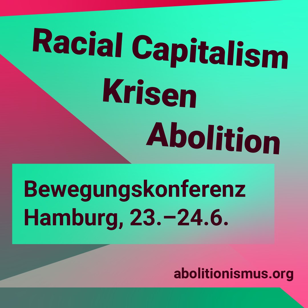 Es gibt riesiges Interesse an der #abolitionismuskonferenz. Leider sind wir zZt ausgebucht. Wenn ihr ein Ticket reserviert habt, aber nicht braucht, meldet euch bitte an team@abolitionismus.org! Wir richten ein Pad mit einer Ticketbörse ein.