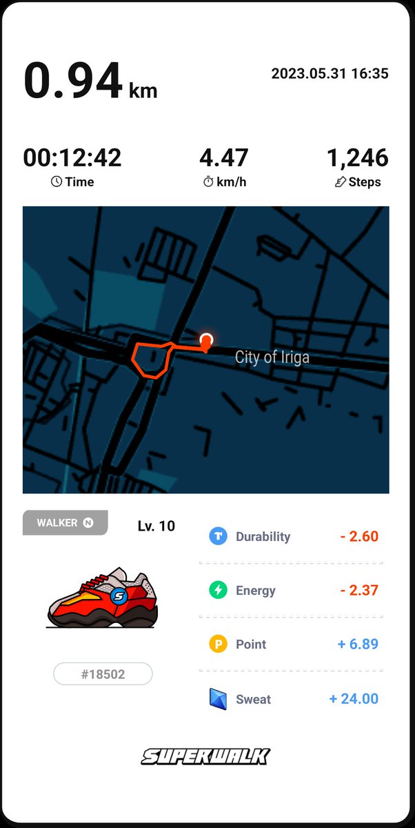 D-1 
Finished walking with my cool shoes 
#Shoes #NFT #walking #Move2Earn 

@CodemacZero @SuperWalk_ @SuperWalk_JP