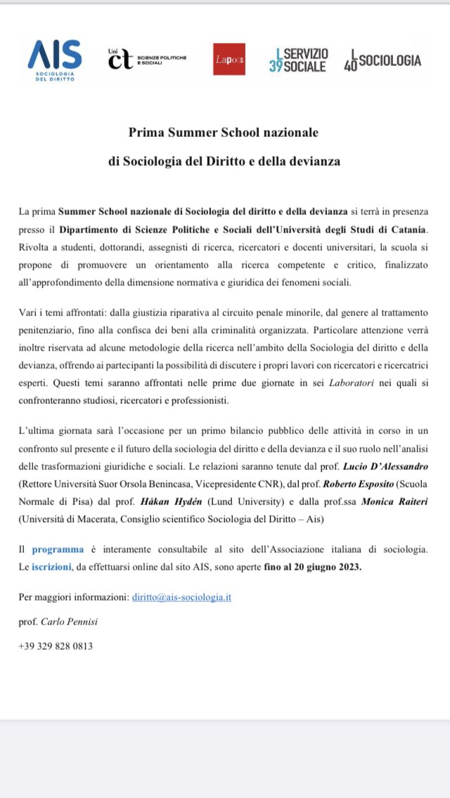 MastCrimCritica's tweet photo. Prima Summer School nazionale di #Sociologia del #diritto e della #devianza Dipartimento di Scienze Politiche e Sociali Università degli Studi di Catania @uni_ct Rivolta a studenti, dottorandi, assegnisti di ricerca, ricercatori e docenti universitari @newsAIS https://t.co/wmtVq8Ljg3