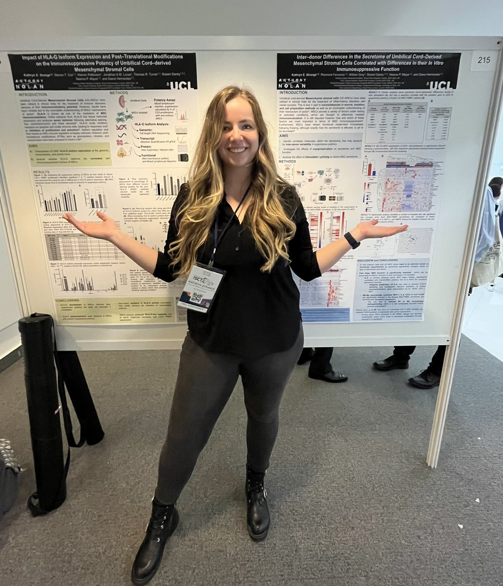 Double trouble presenting two posters today at @ISCTglobal ! Lots of my PhD work in these so come and have a chat at posters 214 & 215 if you’re interested in UC-MSCs, their secretome, and HLA-G! #isct2023 @ISCT_ESP #phdlife #phdchat
