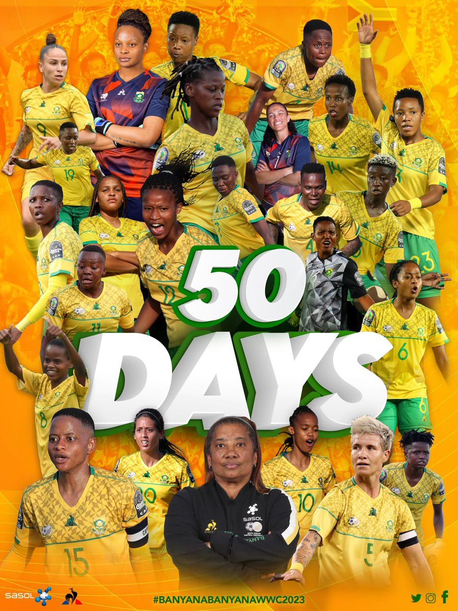 Banyana_Banyana's tweet photo. The clock is ticking!!!⏰⏳

5️⃣0️⃣ days to go to the 2023 @FIFAWWC 

Continue sending through your messages of support!🥹💪🏽💚💛

#LiveTheImpossible https://t.co/rsJKgyFdrp
