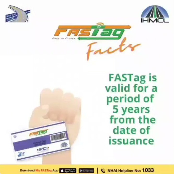 FASTag is valid for a period of 5 years from the date of issuance

#nhai #fastag #livewithfastag