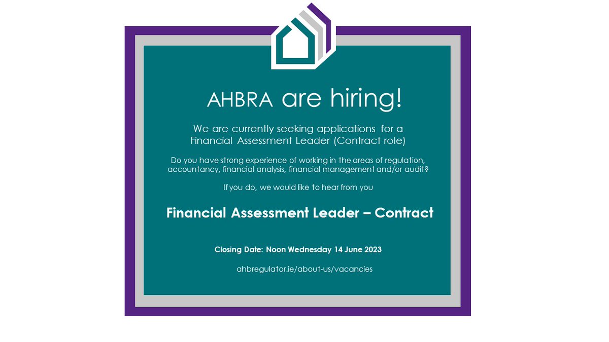 AHBRA are seeking applications for a Financial Assessment Leader (Contract)

This is a great opportunity for a candidate with strong financial and accountancy experience.

For more details check out our website.
ahbregulator.ie/about-us/vacan…
