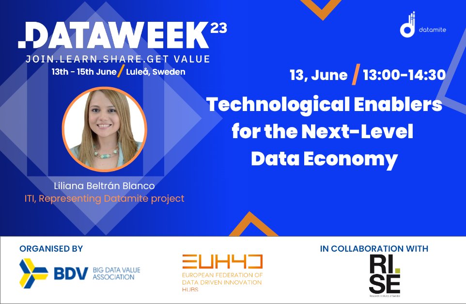 📢Great news! 
DATAMITE will be at #DataWeek2023 🤩!

🗣️ 'Technological Enablers for the Next-Level Data Economy'.
🗓️ 13 June, 13:00.
More information about the session here ➡️ data-week.eu/2023-edition/p…

See you there!
@BDVA_eu