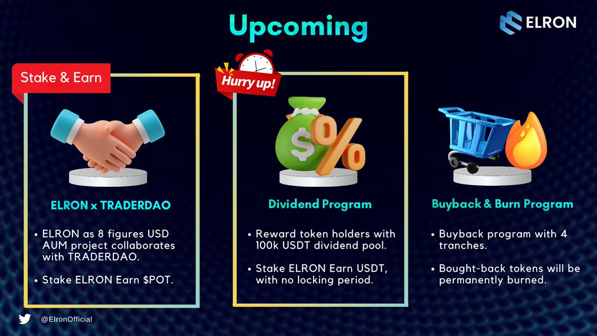ElronOfficial's tweet photo. π¨ Something big is coming soon! π
Keep following us for updates on ELRON's Buyback & Burn Program, Dividend Program, and collaboration with TRADERDAO.
Make sure you have bought ELRON and staked for the exciting times ahead! π
#ElronToken #cryptocurrency #altcoin #Bitcoin https://t.co/GeTMpUE5EI