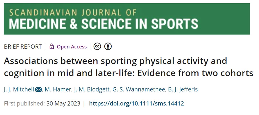 Our latest brief report is now out: onlinelibrary.wiley.com/doi/10.1111/sm… TLDR: After accounting for the movement intensity component of PA, sporting PA -most notably partner or team-focused PA- remains linked with higher cognition scores in mid & later-life adults. @blodgettjm @ma_hamer