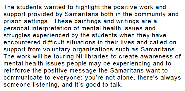 Embracing Emotions, Inspiring Hope exhibition launches this morning in @LibrariesNI Antrim - A display of art and poetry by prisoners at Maghaberry, Magilligan and Hydebank Wood College and Women’s Prison. A collaborative project with @belfastsams @NIPrisons @bfastmet