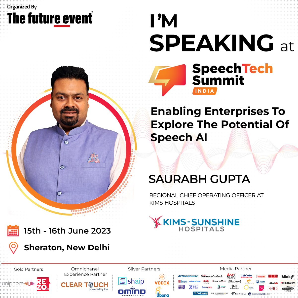 I’m Speaking at India’s first and only conference and exhibition on Speech Technology, Enabling Enterprises to explore the potential of Speech AI. 
Join me on 15- 16th June, at Sheraton, Delhi for 3rd SpeechTech Summit India
#thefutureevent
#speechtechsummit #stsindia #sts2023