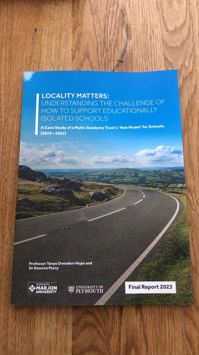 The latest report by <a href="/PassyRowena/">Rowena Passy</a> &amp; I is being launched on 5 June. #LocalityMatters for educationally isolated schools. We report on a large MAT that created a Hub model of geographically co-located schools to mitigate place-based challenges. Foreword by @LordJimKnight <a href="/marjonuni/">Plymouth Marjon University</a>