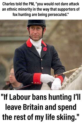 Our ‘king’ Charles thinks a fox being ripped to pieces is ‘romantic’. Would he think a ‘king’ being chased to exhaustion before being brutally murdered by a pack of hounds is ‘adorable’?

Don’t let the Windsors kid you with their eco-wildlife grift. #AbolishTheMonarchy #NotMyKing