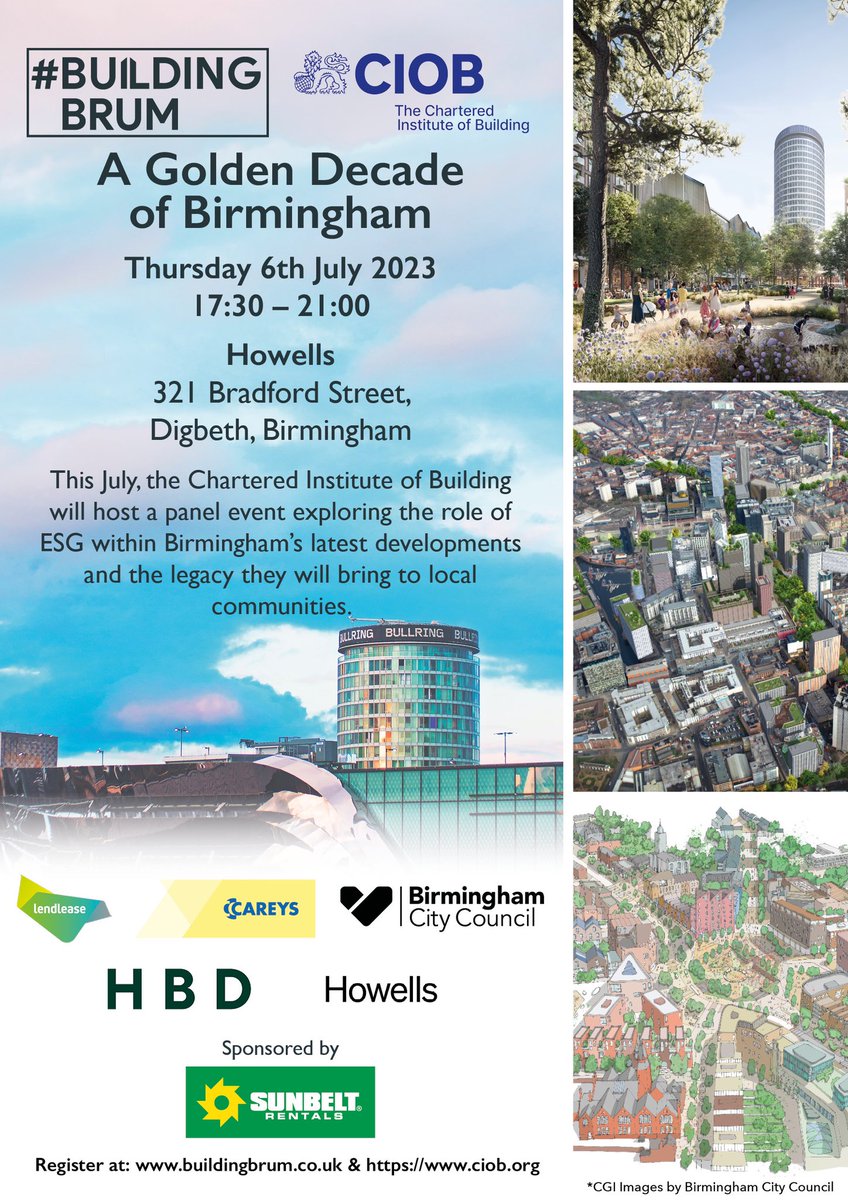 #BuildingBrum &amp; <a href="/theCIOB/">CIOB</a>: A Golden Decade of Birmingham
 
<a href="/Lendlease/">Lendlease</a> | <a href="/hbdplaces/">HBD</a> | <a href="/howells_makes/">Howells</a> | Careys| <a href="/BhamCityCouncil/">Bham City Council</a> 

Book your tickets here:  bb-ciob.eventbrite.co.uk
 
 #ciob #BuildingBrum #Birmingham #ESG
