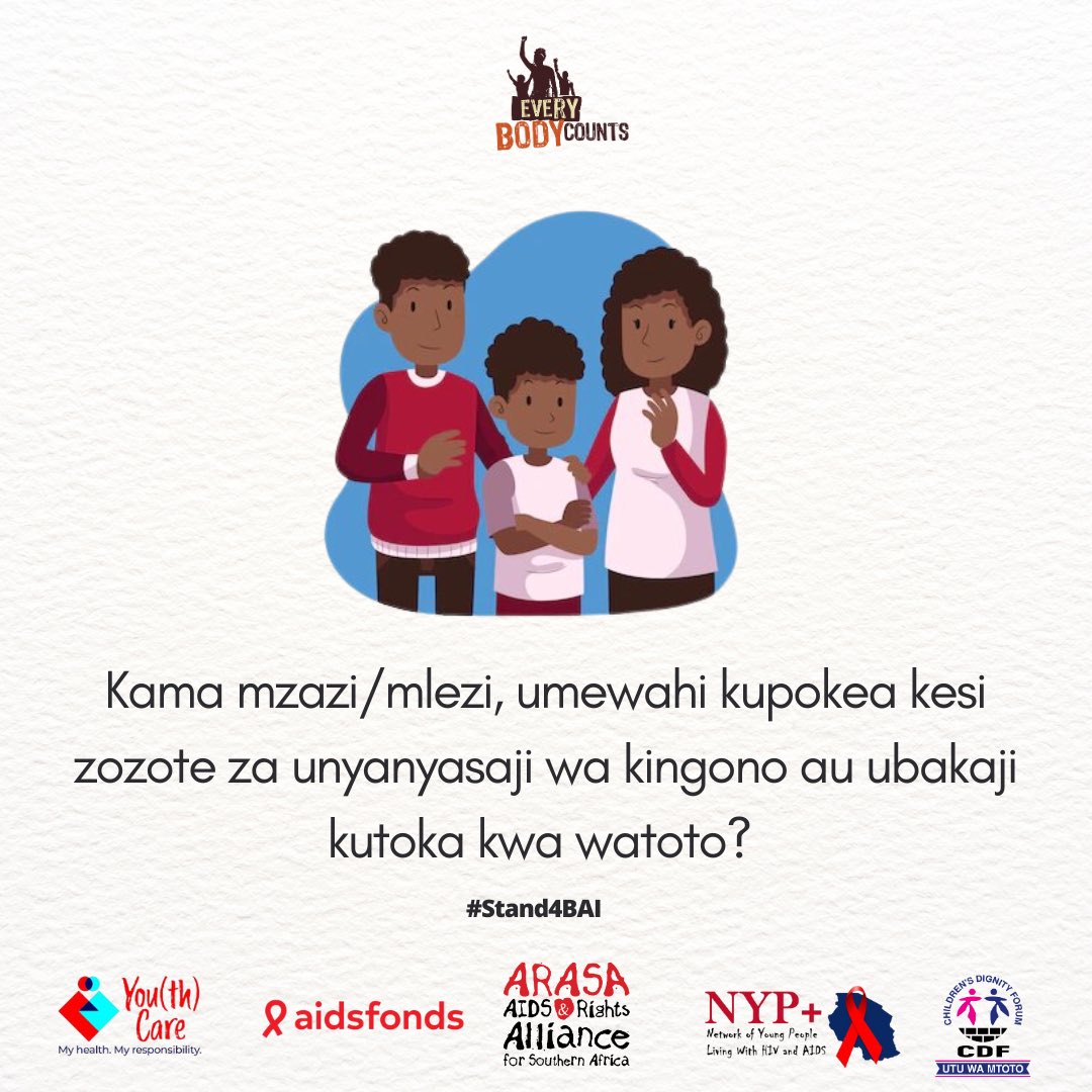 cdftz's tweet photo. Kama mzazi, mwalimu au mlezi, umewahi kupokea kesi zozote za unyanyasaji wa kingono au ubakaji kutoka kwa watoto?
As a parent, teacher or a guardian, have you ever received sexual assaults/and rape cases from your children?
#EveryBodyCounts #Stand4BAI https://t.co/EuQtG6vm0N