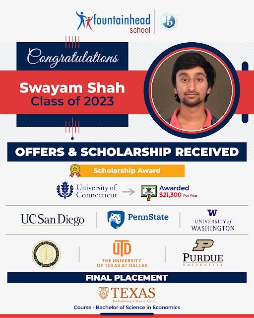 FSSurat's tweet photo. We're happy to announce that Swayam Shah from the Class of 2023 has received offers from seven universities and scholarship from one.
He will soon be joining Texas University at Austin. We wish him all the best! #Scholarships #StudyAbroad #FSStudents #FSWay @iborganization https://t.co/PrsFncwKsZ
