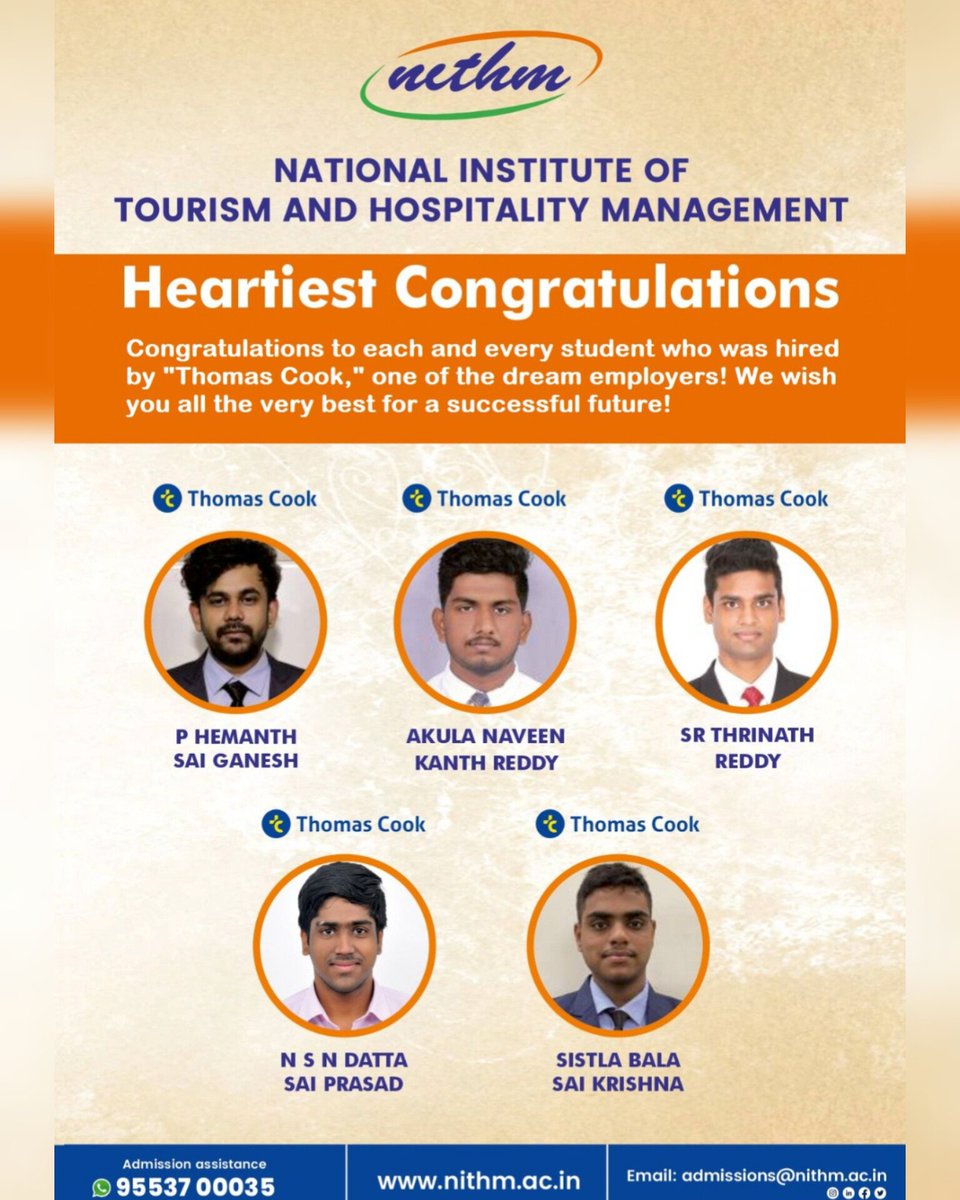 Congratulations to our #MBA (#Tourism & #Hospitality) 2021 - 2023 batch placed #students. We wish them a successful #career.
 
#NITHM #ThomasCook #CampusPlacement #Placements #PlacementAssistance #TravelJobs #TourismCareer #HospitalityCareer