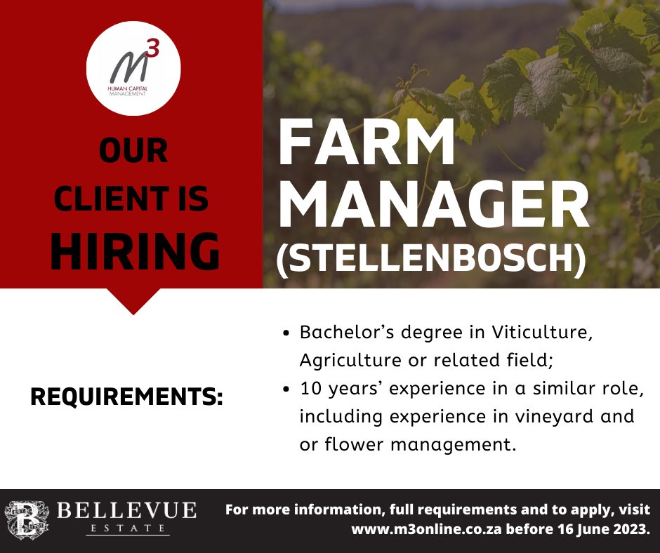 VACANCY: Farm Manager

Follow the link for more information, full requirements and to apply: jobs.m3online.co.za/sys/jobDetails… 

#farmmanager #farming #agriculture #agri #career #vacancy #applynow #bellevuewineestate #stellenbosch #westerncape