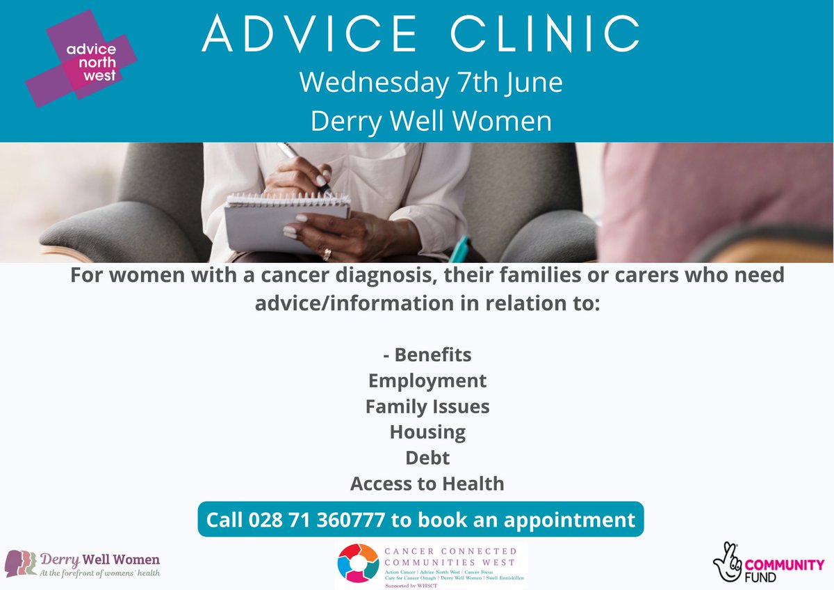 Cancer Connected Communities West (@cancerconnected) on Twitter photo <a href="/north_advice/">AdviceNorthWest</a> are back in <a href="/derrywellwomen/">Derry Well Women</a> next Wednesday 7th June for a 1-1 advice clinic. Call 028 71360777 to book your appointment. <a href="/north_advice/">AdviceNorthWest</a> are back in <a href="/derrywellwomen/">Derry Well Women</a> next Wednesday 7th June for a 1-1 advice clinic. Call 028 71360777 to book your appointment.