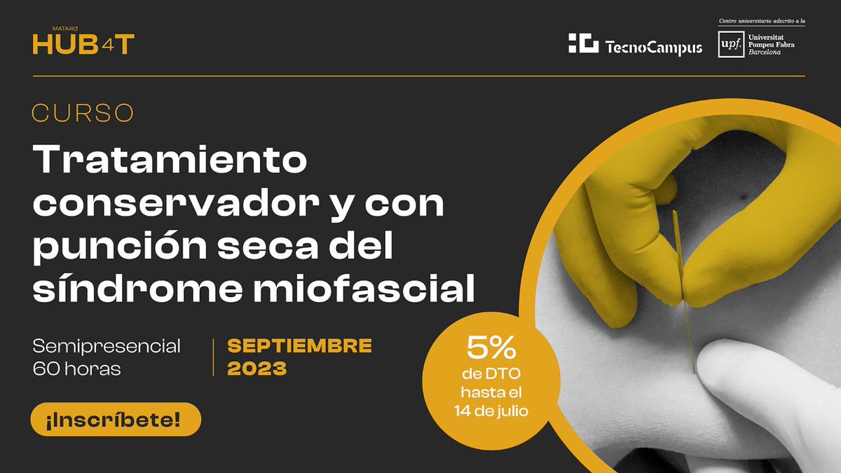 ¡Fórmate en el diagnóstico del síndrome del #dolormiofascial💆 y su tratamiento, con técnicas de #fisioterapia conservadora y #punciónseca, con el 🆕 curso de <a href="/TecnoCampus/">TecnoCampus</a>!

📅 Septiembre 2023
💥 5% DTO antes de 14/07

🤓 <a href="/_MikiMartinez/">Miki Martínez</a>
🤝 <a href="/TravellySimons/">Travell y Simons</a>

bit.ly/3Zr6FpI