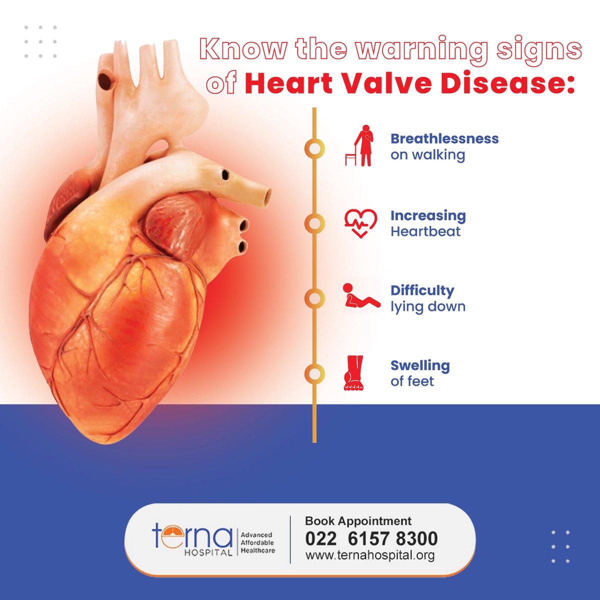 Heart Valve Disease is a serious disease that could become life-threatening if left untreated. It can cause several complications, including heart failure, blood clots, stroke. Don't ignore these warning signs.
#TernaHospital #navimumbai #multispecialityhospital #heartspecialist