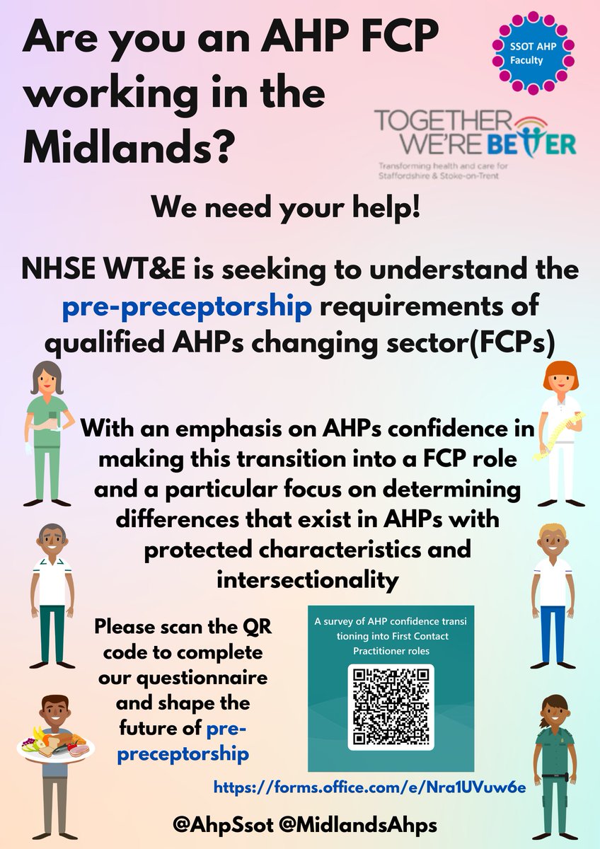 Are you a #FirstContactOccupationalTherapist working in the Midlands? We need your help! Please scan the QR code below.
#OccupationalTherapy
#PrimaryCare
#PrimaryCareNetwork
#FirstContactPractitioner
#AHP
#Prepreceptorship
#NationalAHPProgramme
@NHSHEE_Midlands
@theRCOT