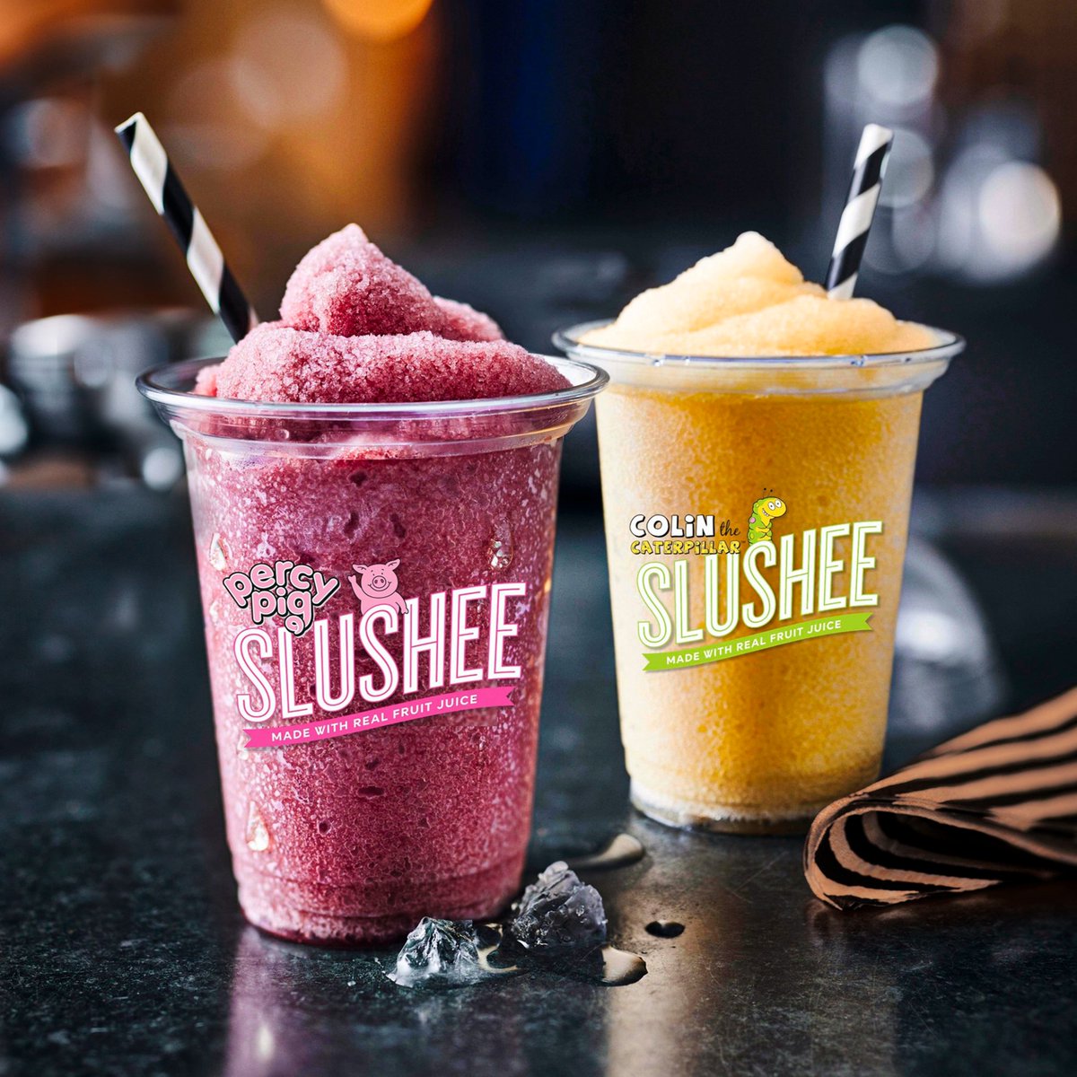 Our new Percy Pig and Colin the Caterpillar slushees launch in the M&S Café today! 👏 Our delicious Percy slushee is a blend of grape, raspberry and apple juice 🍇 and our Colin slushee is a cloudy apple juice, both churned until frozen, plus they're both certified Eat Well. 🌻