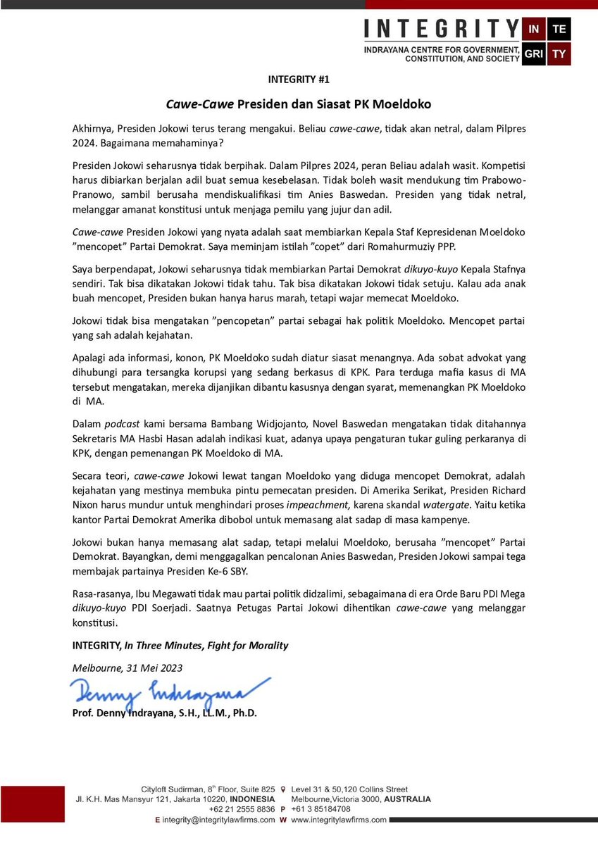 Awalnya sih orangnya SBY ini, <a href="/dennyindrayana/">Denny Indrayana</a>  , sok iye ngetwit ngancam-ngancam mau gulingkan Jokowi

Eh gak lama kemudian twitnya dihapus sendiri🤣
Panik?