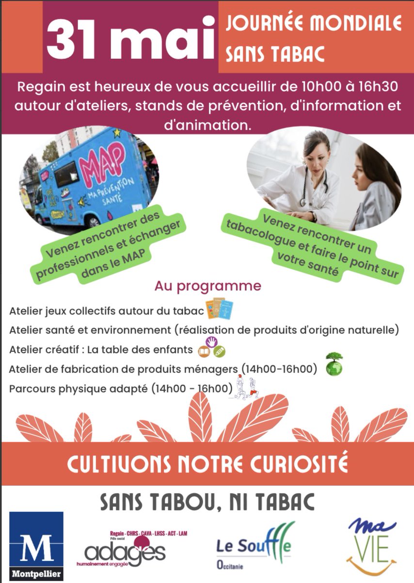 Dans le cadre de la journée mondiale sans tabac 
L’équipe Le Souffle Occitanie sera présente à ADAGES Regain pour discuter et échanger autour du tabac d’un point de vue de la santé mais aussi environnemental.
#journeemondialesanstabac #tabac #sante #souffle #arret #sevrage #jmst