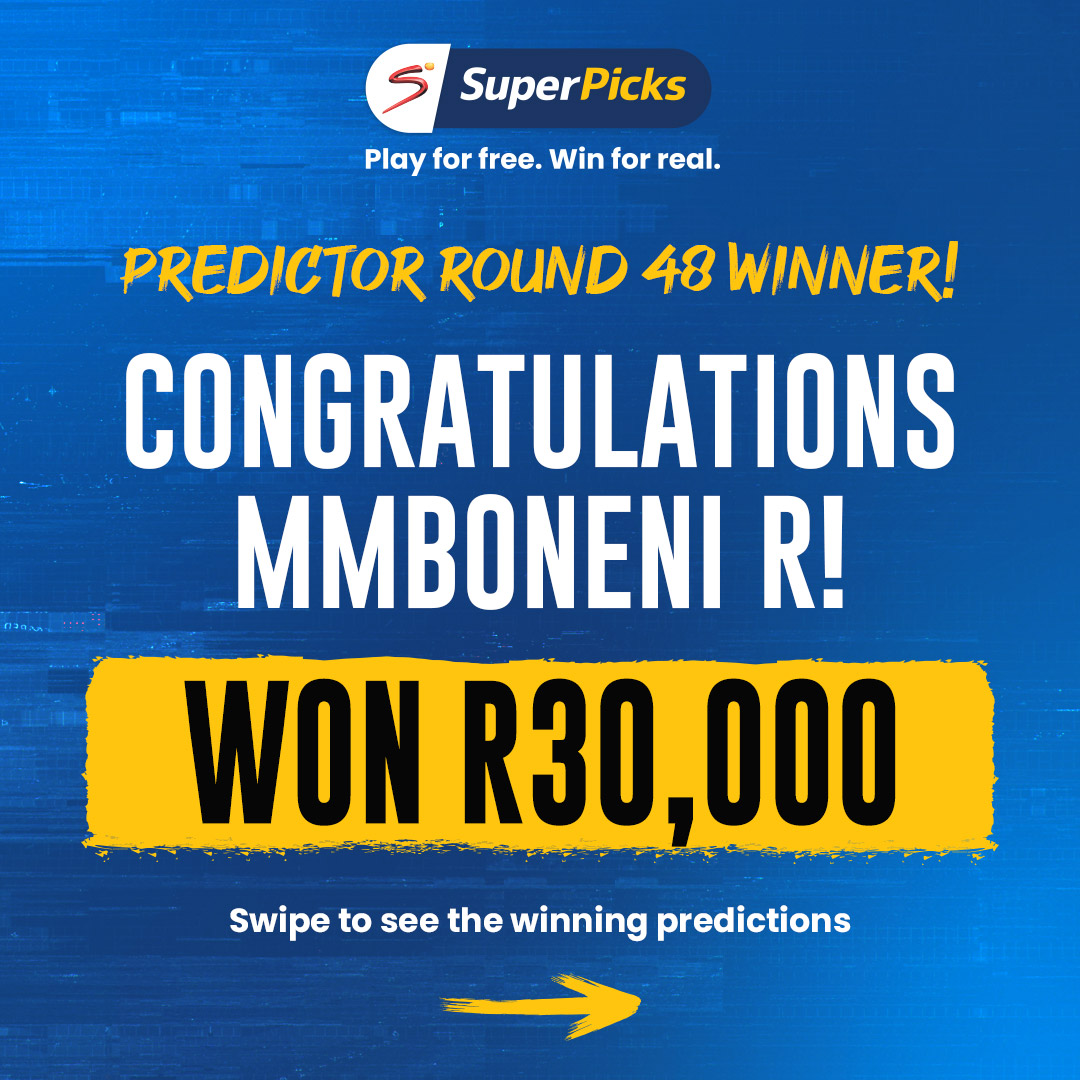 SuperPicksZA's tweet photo. Our last Predictor winner 🥂 for the season is Mmboneni R! 🥳 

They walk away with R30,000 🤑 after their 1⃣9⃣ point round + tiebreaker! 🤩

#SuperPicks #PlayForFree #WinForReal https://t.co/jr4i5mSKB3