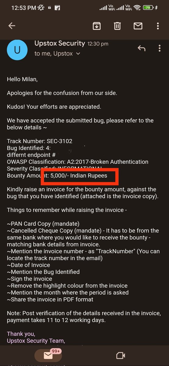 jai shri Ram 🙏🙏
secure upstox 5th time 
got bounty 5,000/- 
Thanks to Lord shri Ram for this!
#hacker #bounty #bug #security #tryharder
#scriptkidddie #love #inspriation #Thanks
#bugbountyhunter #hackerspace #upstox