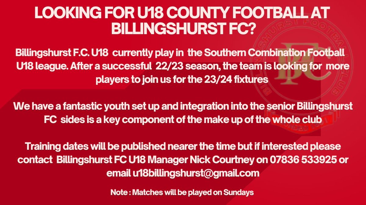 ⚽️⚽️⚽️ If you, or someone you know may be looking to play under 18s football next season, then please let them know about the poster below  ⬇️ #supportlocalclubs #playfootball #football #local @Billingshurstfc #Billingshurst #supportlocal  PLEASE RETWEET ⚽️⚽️⚽️