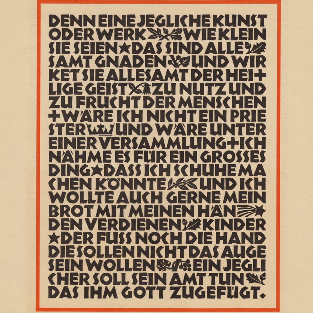 This tight setting of 20 pt Neuland appeared in the first specimen brochure Gebr. Klingspor published in 1923. It probably shows how Koch intended  the typeface to be used, with several ornaments. Digitally recomposed with Koch Grotesk 20 Text.

poem-editions.com/products/koch-…