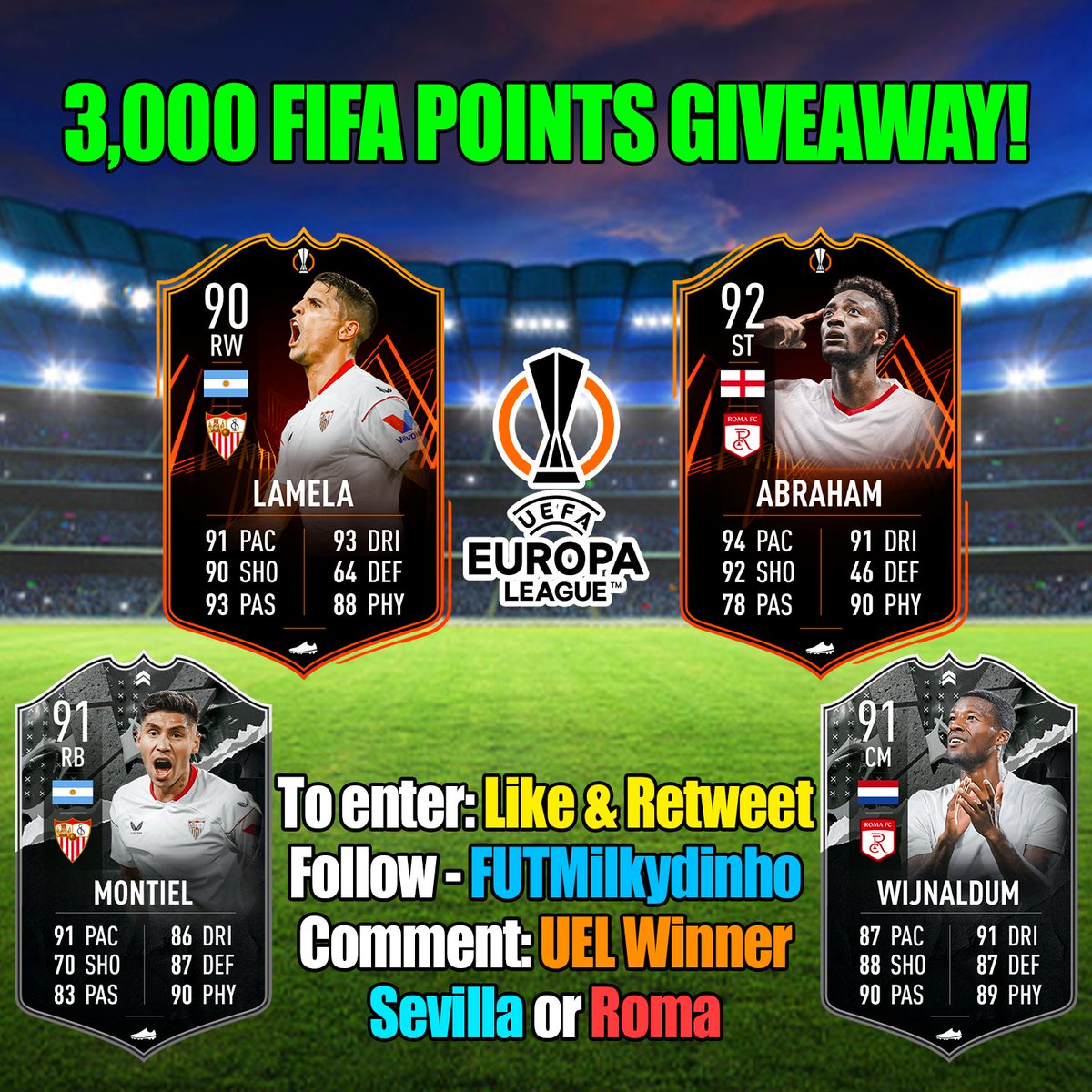 Who wants some FIFA Points for TOTS? 🚨

All you have to do is  Like, Retweet and follow <a href="/FUTMilkydinho/">Milkydinho ➡️twitch.tv/Milkydinho</a>

Comment who you think will win the UEL Final between Sevilla and Roma

Winner will be drawn tonight, good luck! 😎

#FIFA23 #UELfinal