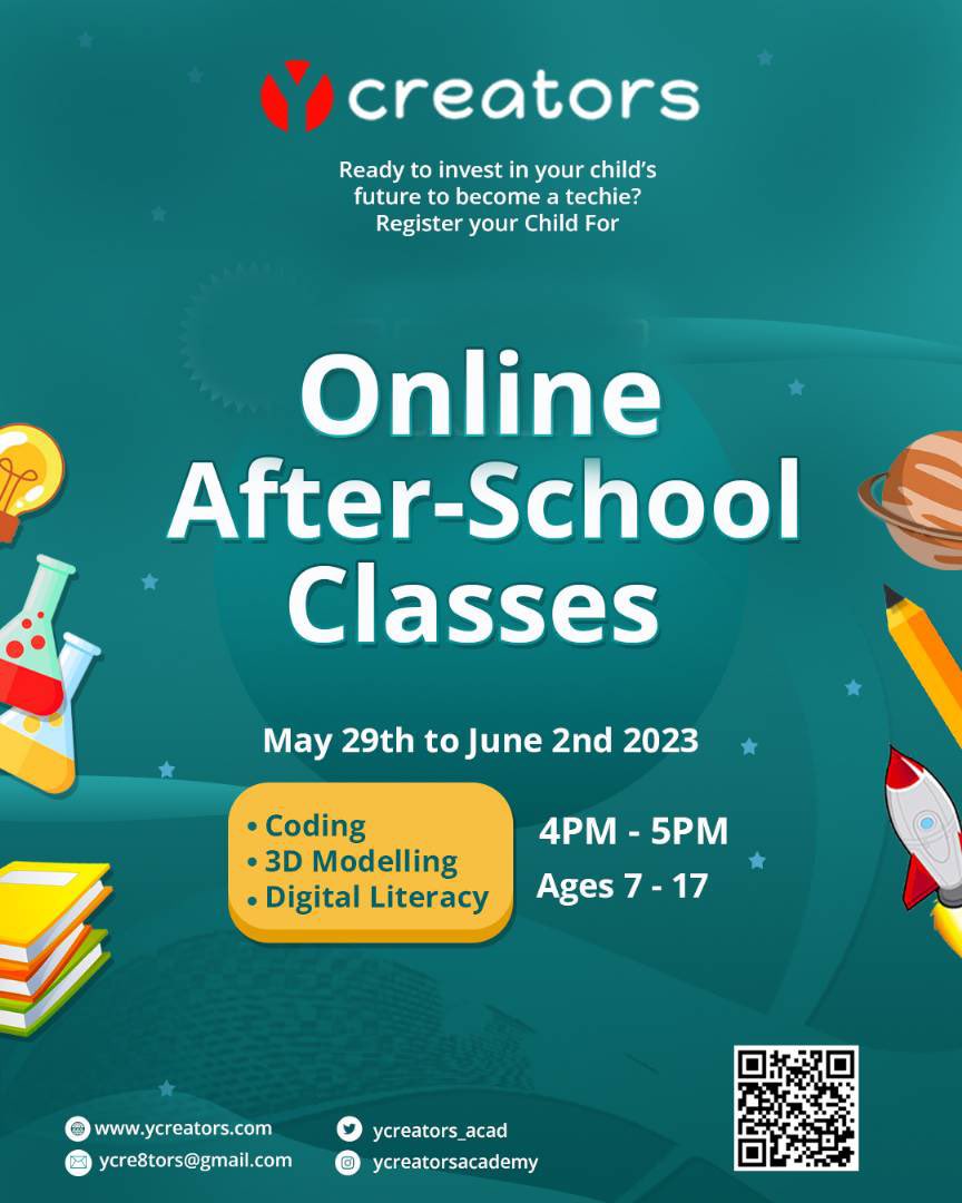 INTRODUCING; YCREATORS AFTER-SCHOOL CLASSES!

Parents, give your child an added-advantage to thrive in today’s tech space by registering for our after-school classes.

For more information, kindly click on the link in bio.