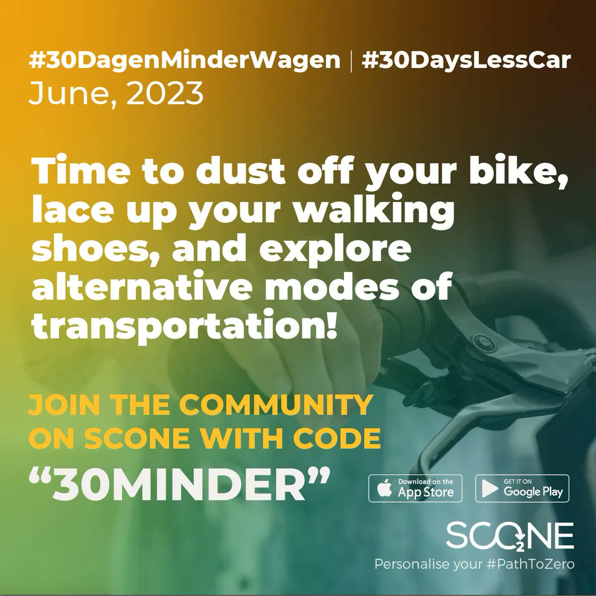 Join the #30DaysLessCar movement with <a href="/netwduurzmob/">Netwerk Duurzame Mobiliteit</a> #30DagenMinderWagen this JUNE!🚲Embrace active transport, reduce CO₂ &amp; experience the benefits of leaving your car behind. Download Scone buff.ly/3OJjid5 &amp; join the community! Let's make positive impact together!🌿🚶‍♂️🌍