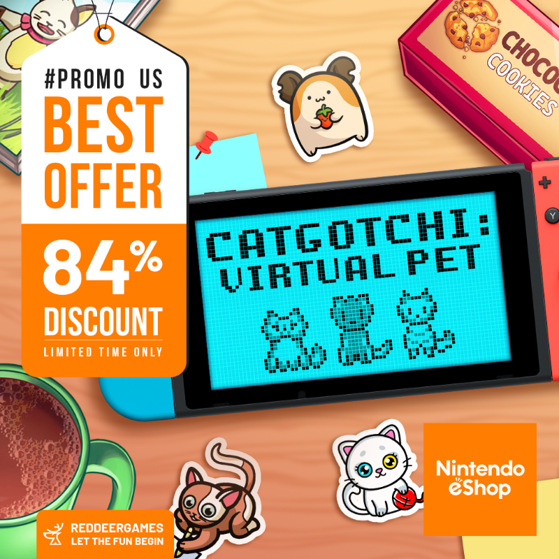 RedDeer_Games's tweet photo. Raise and care for your virtual pet. These adorable pixel-art cats are sure to steal your heart! 😻

Tamagotchi-vibe game for Nintendo Switch available with 84% discount now! 🎮