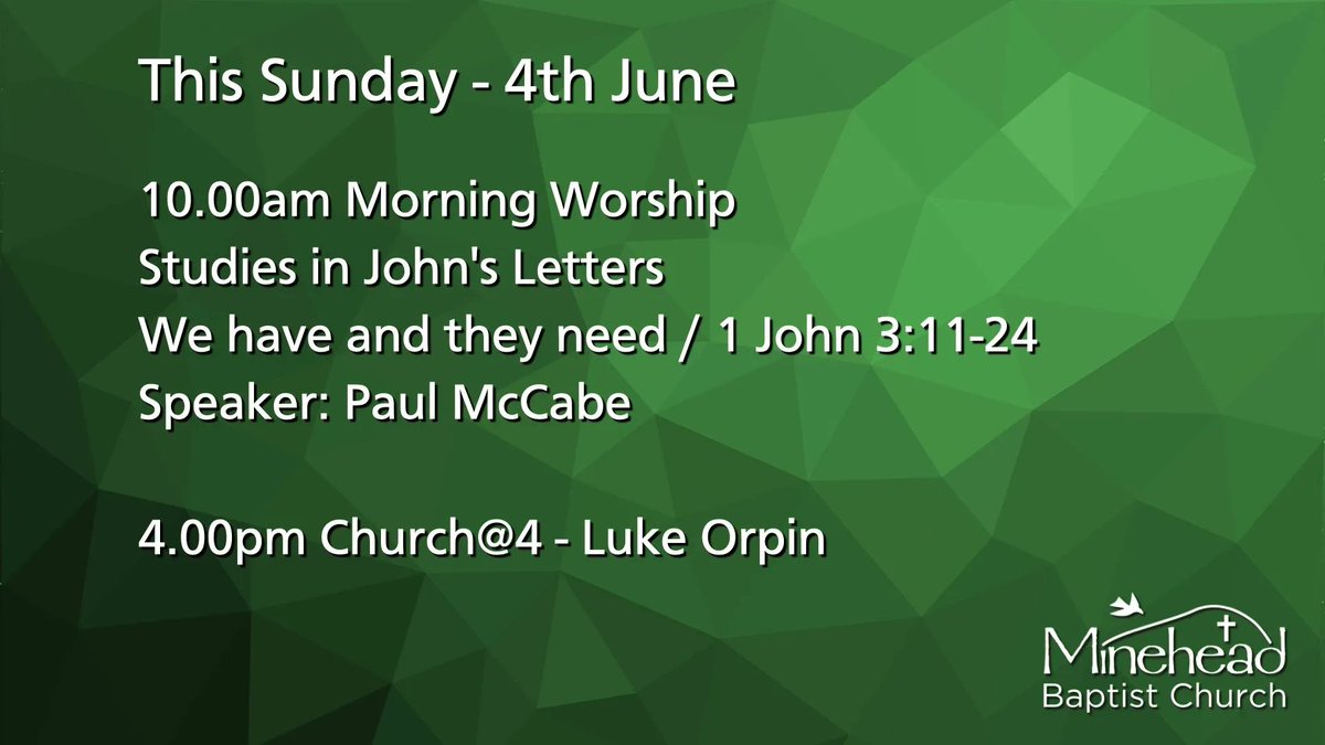This Sunday - 4th June

10.00am Morning Worship
Studies in John's Letters 

We have and they need / 1 John 3:11-24
Speaker: Paul McCabe

4.00pm Church@4 - Luke Orpin