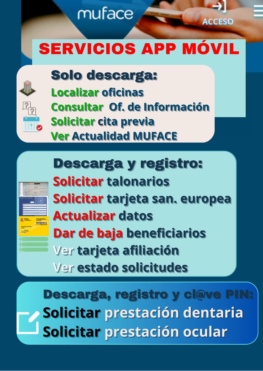 ➕SERVICIOS EN LA APP DE MUFACE
VERSIÓN 3.3

✅Actualización de datos (sin cambio de provincia)
✅Baja de beneficiarios
📱Solo registro previo (sin Cl@ve)

Descarga y regístrate si no lo hiciste antes
muface.es/muface_Home/mu…