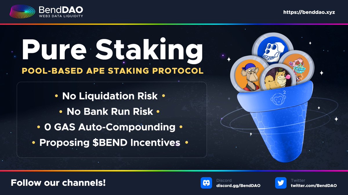 🚀 Launch Alert! 🚀 
BendDAO Pool-Based Ape Staking (V2), a pure staking protocol, goes live!

❎No Liquidation Risk 
❎No Bank Run Risk 
0⃣0 Gas for Auto-compounding  

Proposing extra $BEND incentives for higher #APY! 
governance.benddao.xyz/t/bip-31-rewar…

Start staking NOW and unlock your…