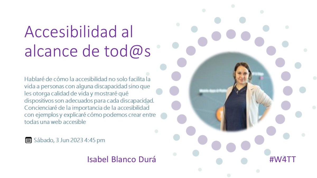 gft_es's tweet photo. Si te interesa saber cómo crear una web más accesible e inclusiva, no te pierdas la charla de nuestra compañera Isabel Blanco en @women4tt el 3 de junio. 
🎟️https://t.co/MQ2VGfXjj6

 #WomenInTech #W4TT https://t.co/7s0YTBl2Yh