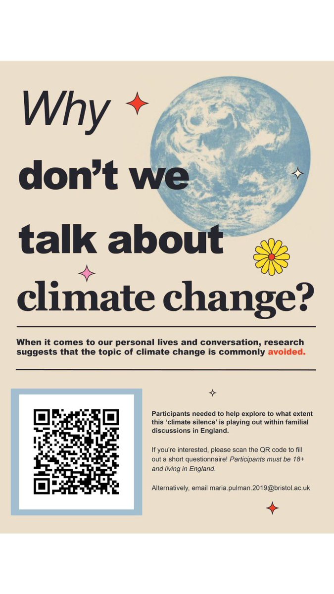 Maria is a masters student at Bristol Uni is doing a project looking at how families are talking about climate change. If you can help - please follow the link to find out more and do the questionnaire. And please share! 
qfreeaccountssjc1.az1.qualtrics.com/jfe/form/SV_eb…